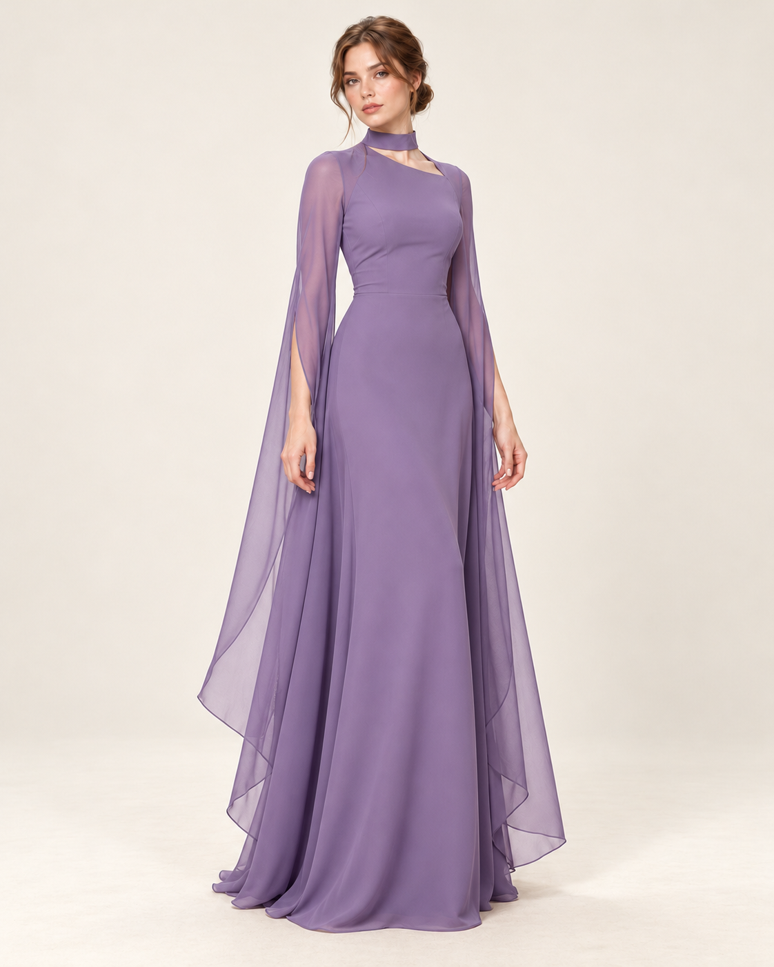 Women's Long Split-Sleeve Dress with Neck Cutout, purple color, three-quarter view