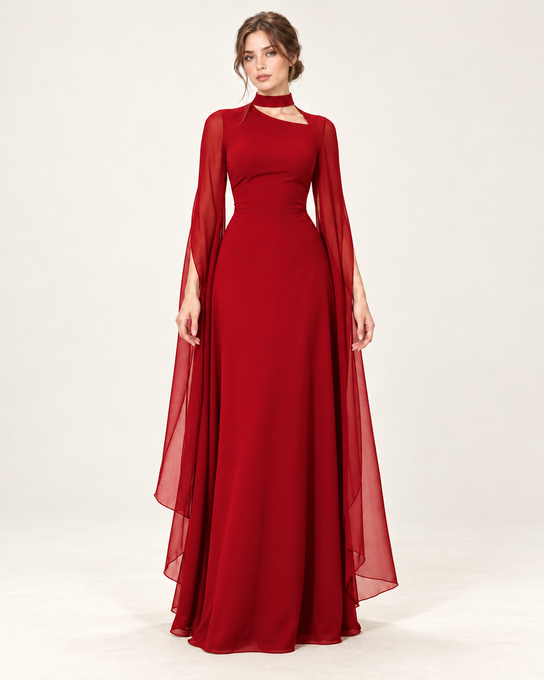 Women's Long Split-Sleeve Dress with Neck Cutout, red color, front view
