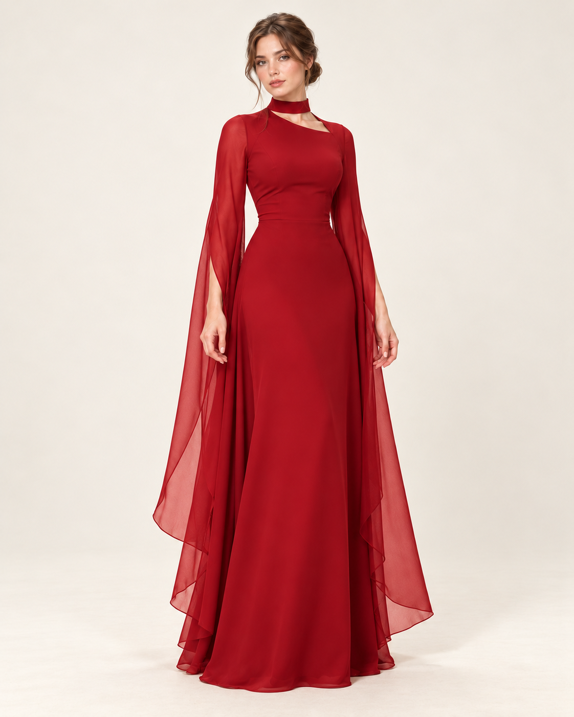 Women's Long Split-Sleeve Dress with Neck Cutout, red color, three-quarter view