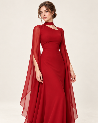 Women's Long Split-Sleeve Dress with Neck Cutout, red color, garment detail