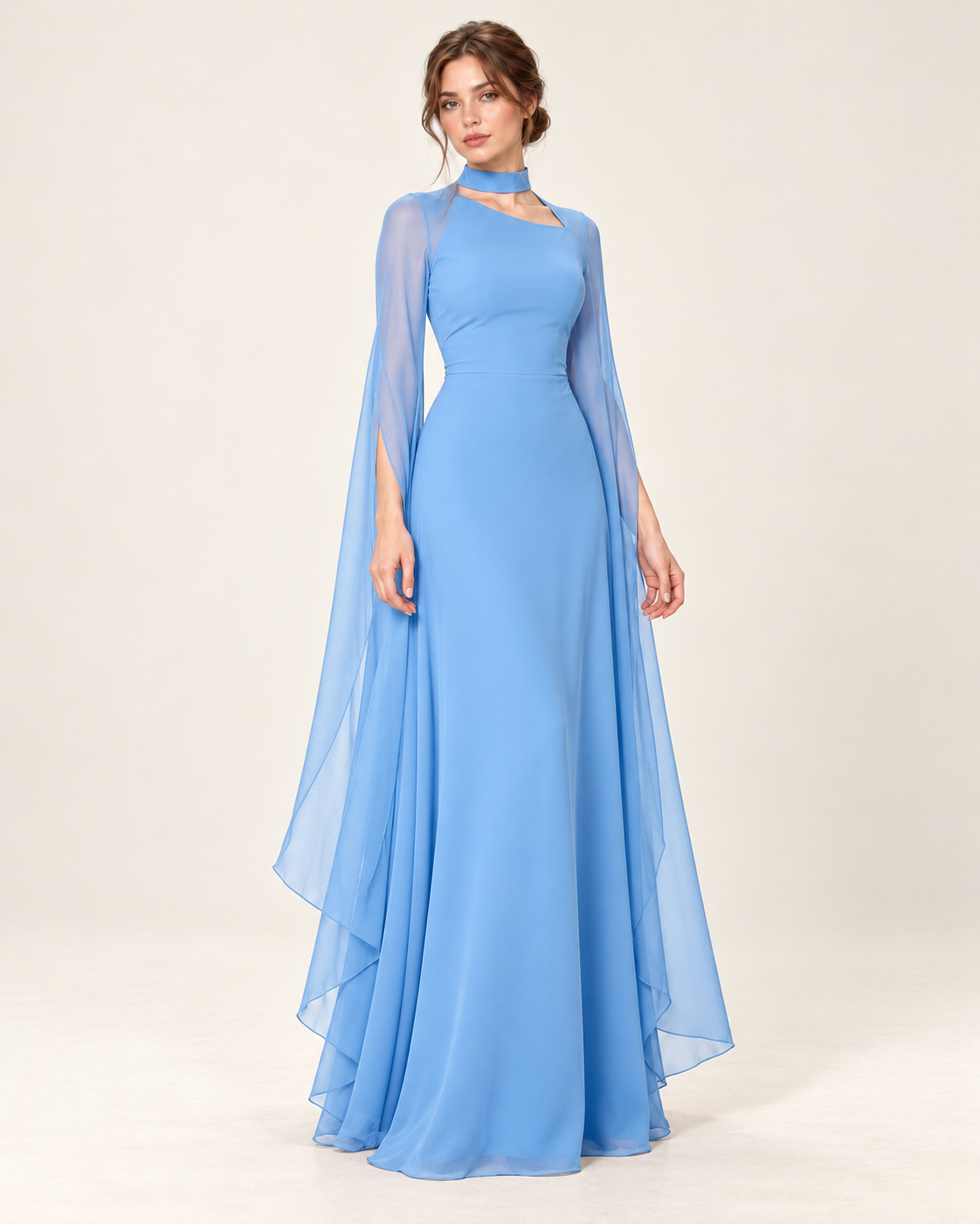 Women's Long Split-Sleeve Dress with Neck Cutout, sky blue color, three-quarter view