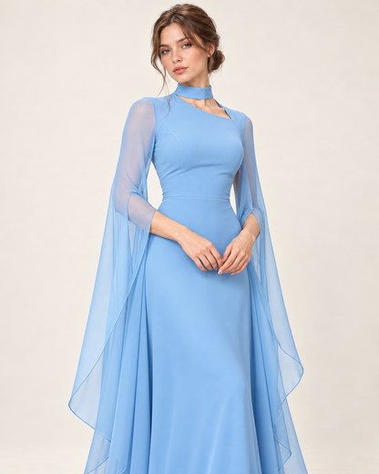 Women's Long Split-Sleeve Dress with Neck Cutout, sky blue color, garment detail