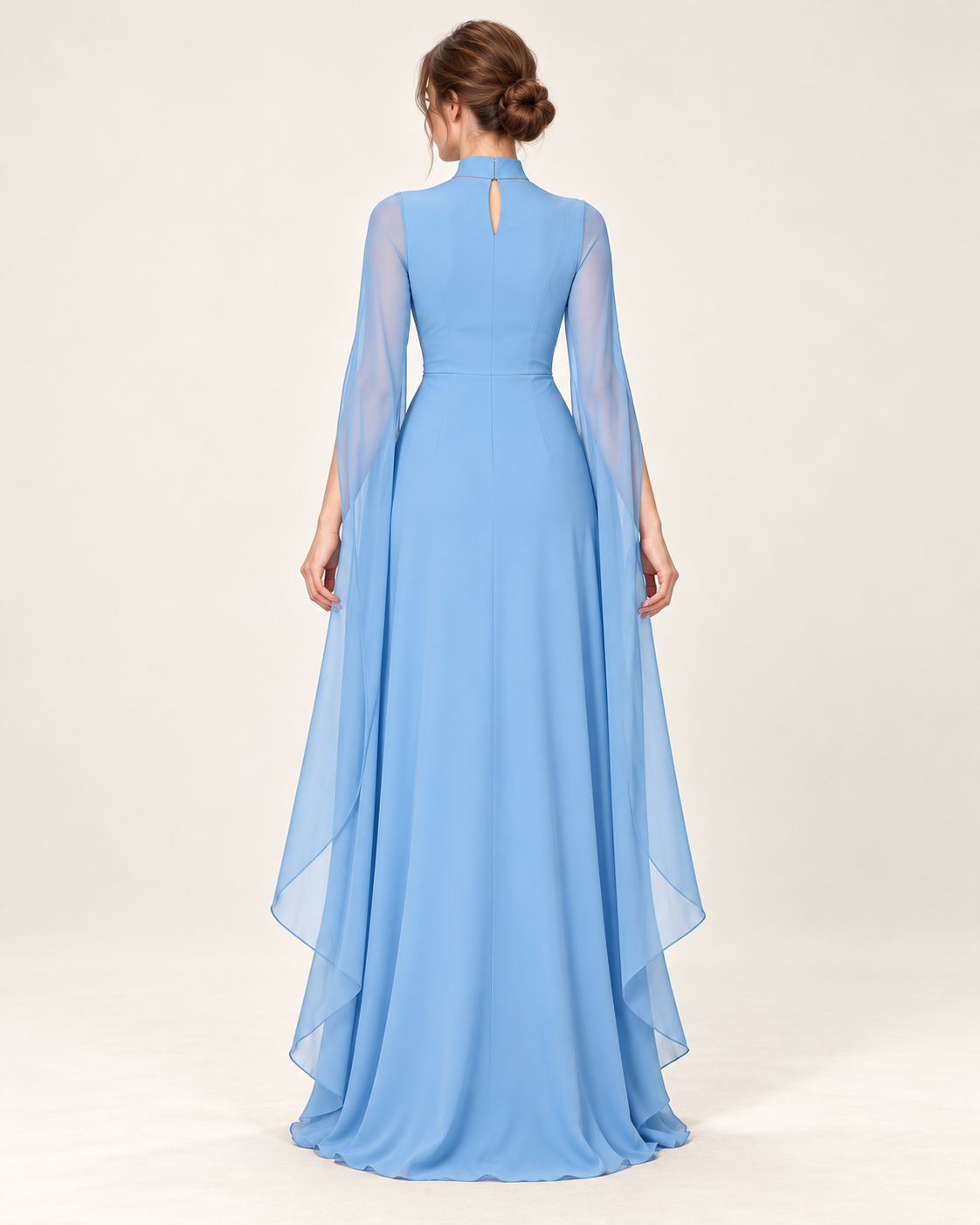 Women's Long Split-Sleeve Dress with Neck Cutout, sky blue color, back view