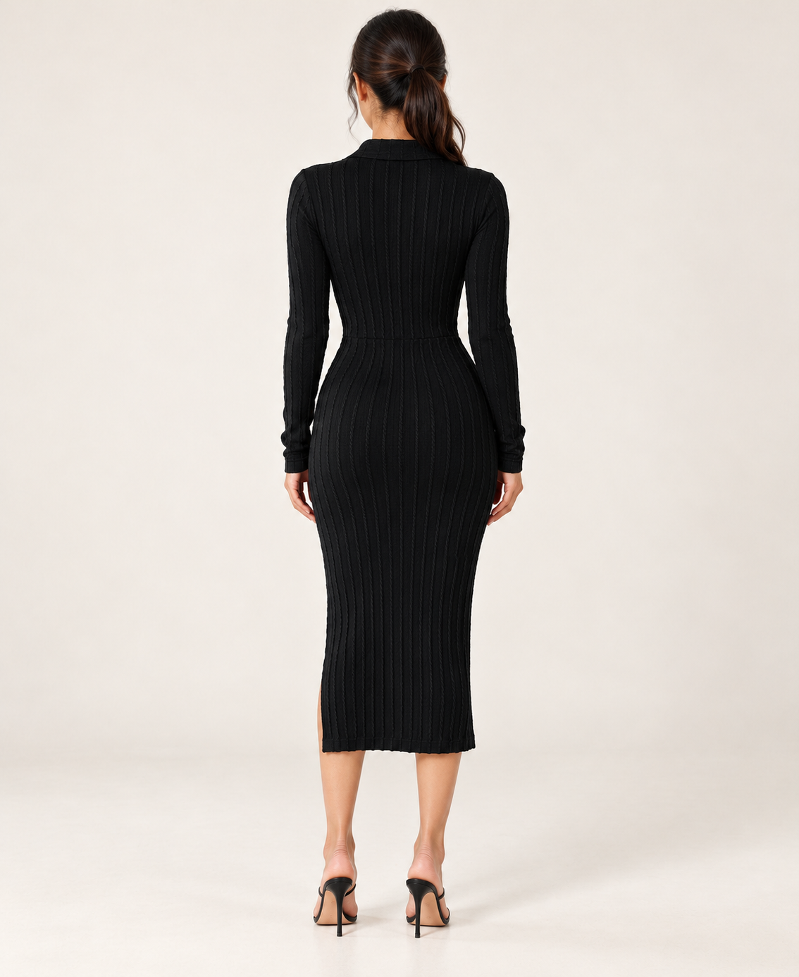 Women's Collared Long Sleeve Slit Dress in Black — back view