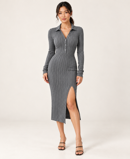 Women's Collared Long Sleeve Slit Dress in Gray — front hero
