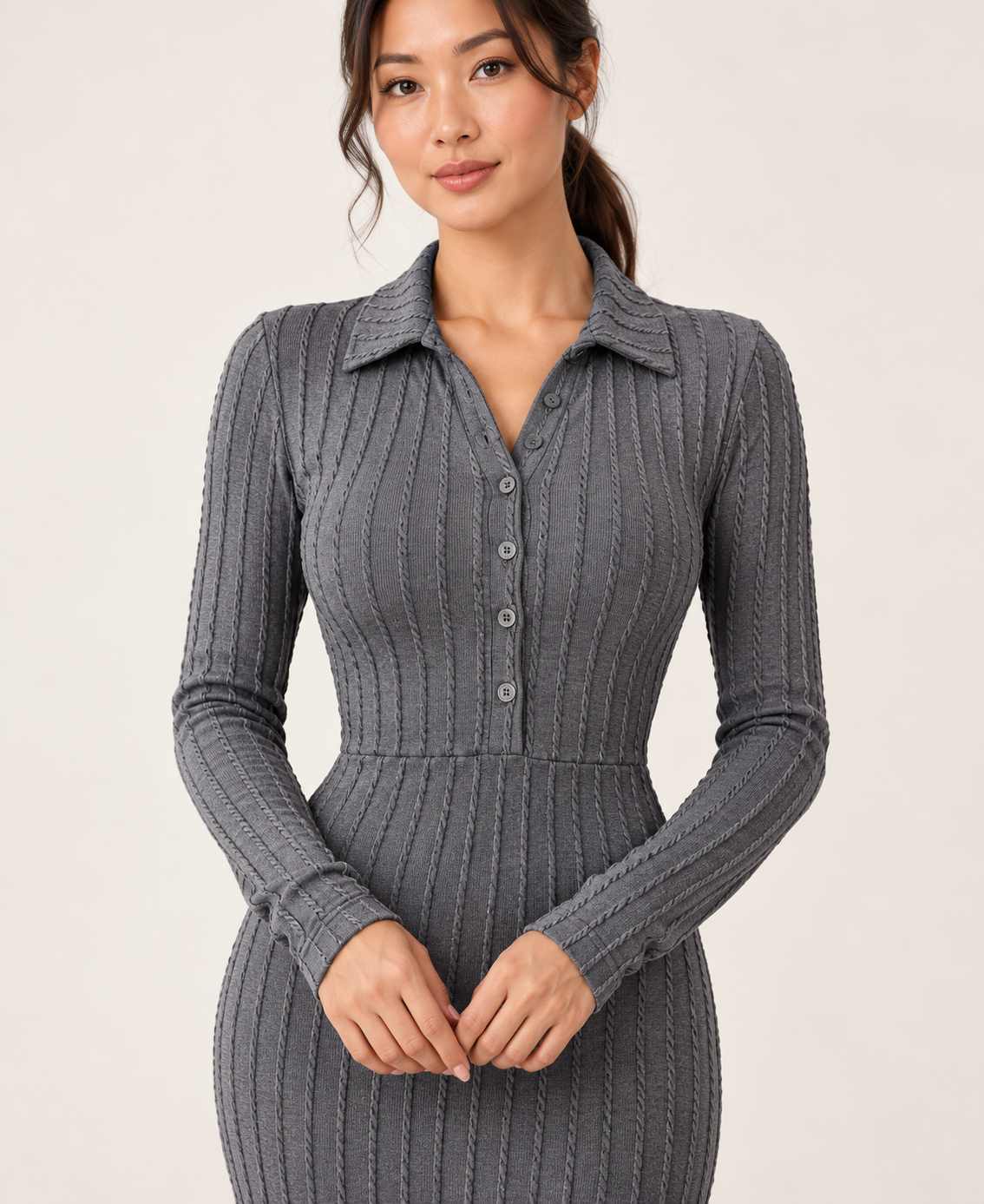 Women's Collared Long Sleeve Slit Dress in Gray — detail