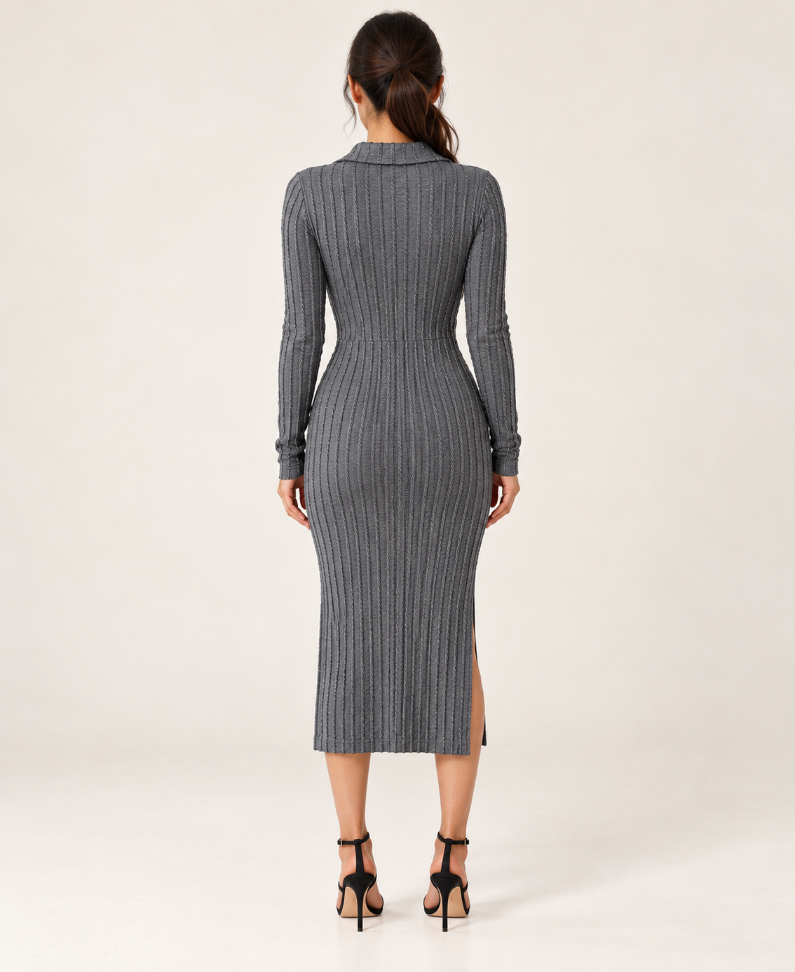 Women's Collared Long Sleeve Slit Dress in Gray — back view