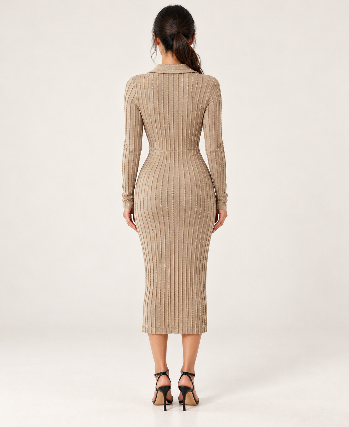 Women's Collared Long Sleeve Slit Dress in Khaki — back view