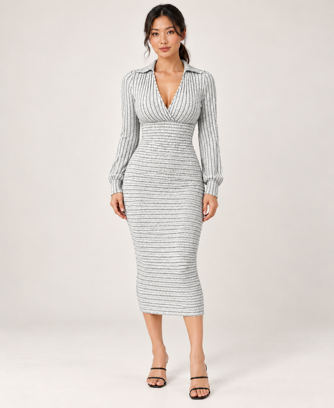 Women's Collared Long Sleeve Slit Dress in White — front hero
