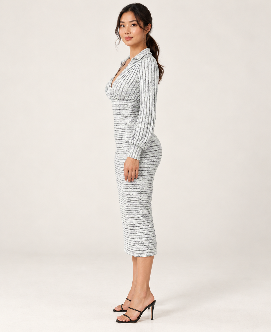 Women's Collared Long Sleeve Slit Dress in White — side profile