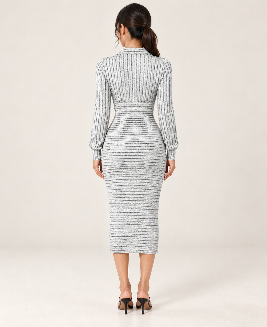 Women's Collared Long Sleeve Slit Dress in White — back view