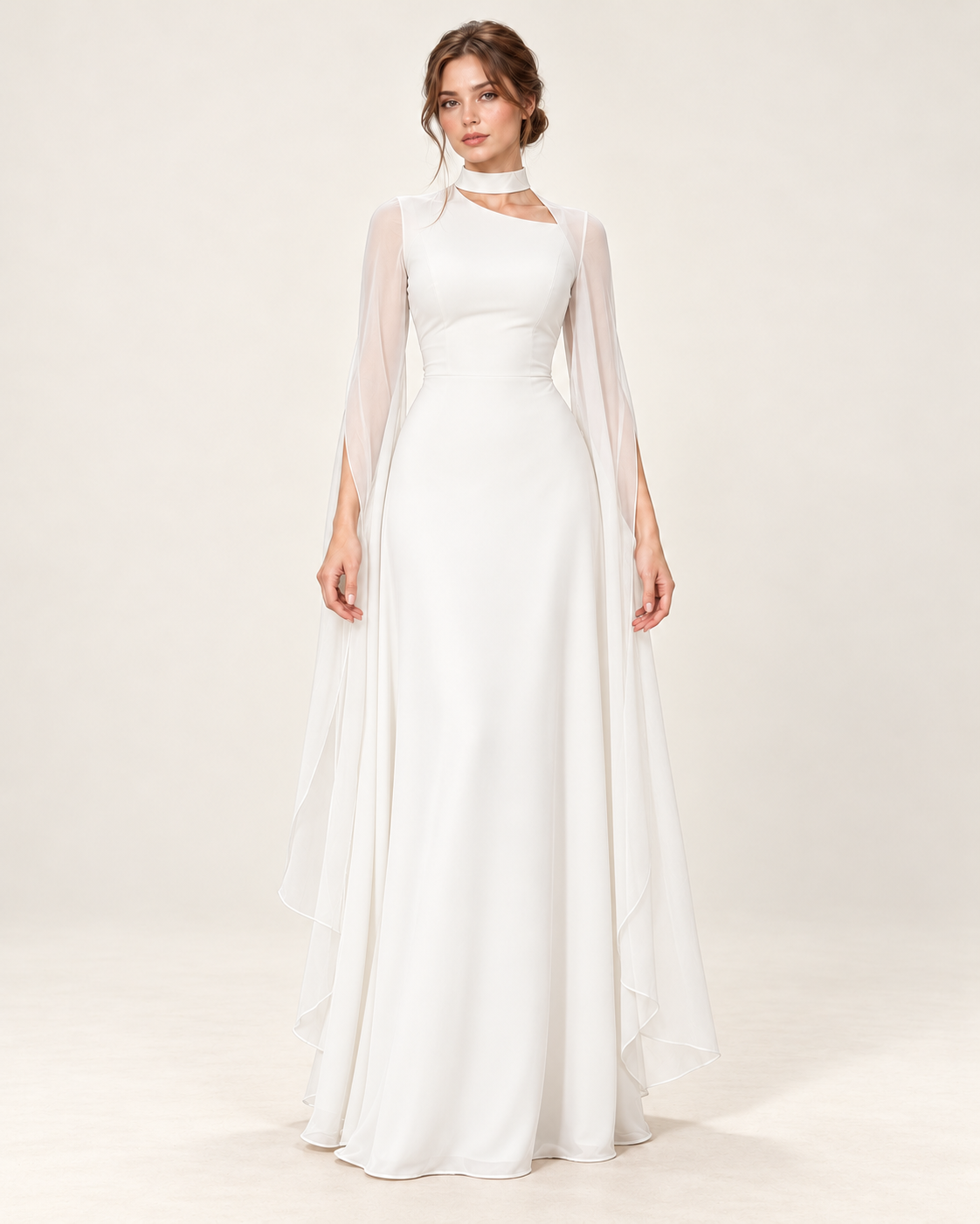 Women's Long Split-Sleeve Dress with Neck Cutout, white color, front view