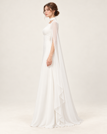 Women's Long Split-Sleeve Dress with Neck Cutout, white color, side profile