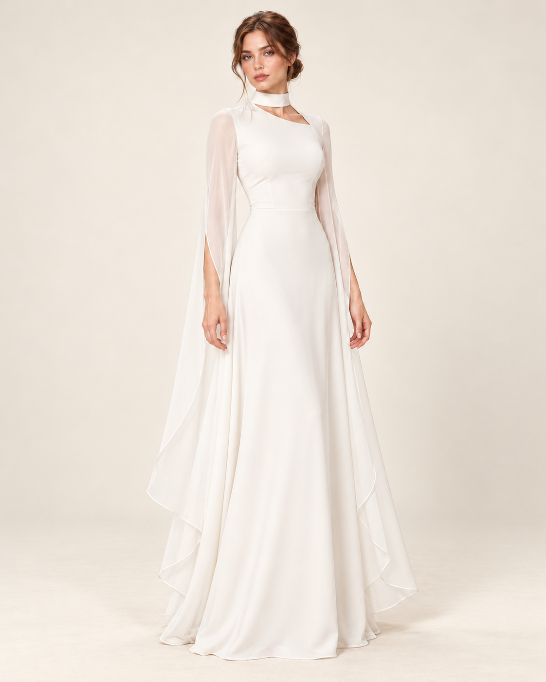 Women's Long Split-Sleeve Dress with Neck Cutout, white color, three-quarter view