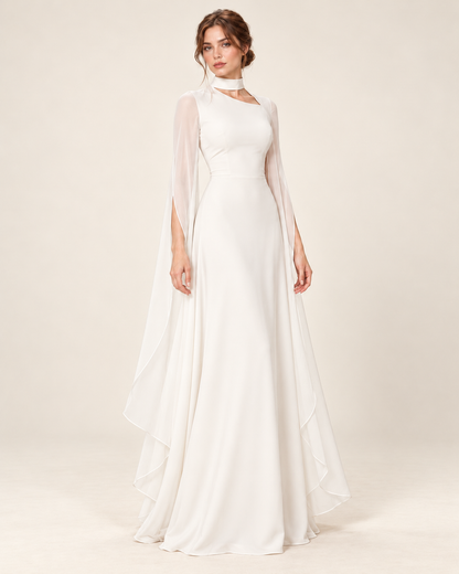 Women's Long Split-Sleeve Dress with Neck Cutout, white color, three-quarter view