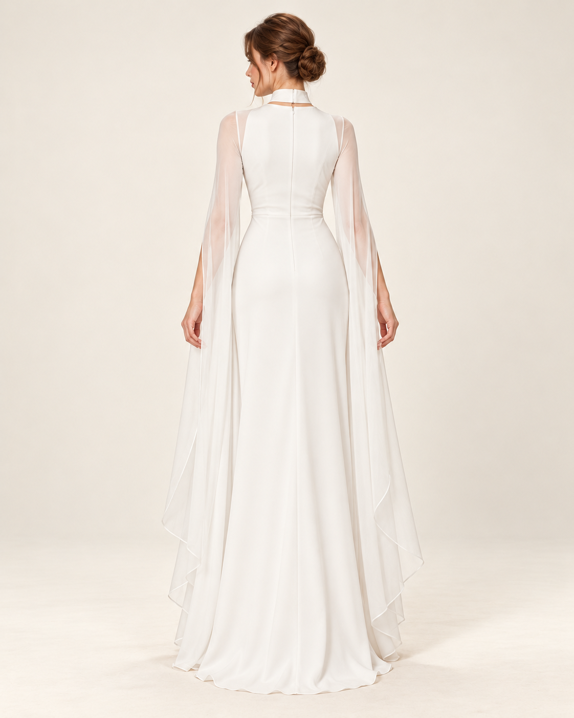 Women's Long Split-Sleeve Dress with Neck Cutout, white color, back view