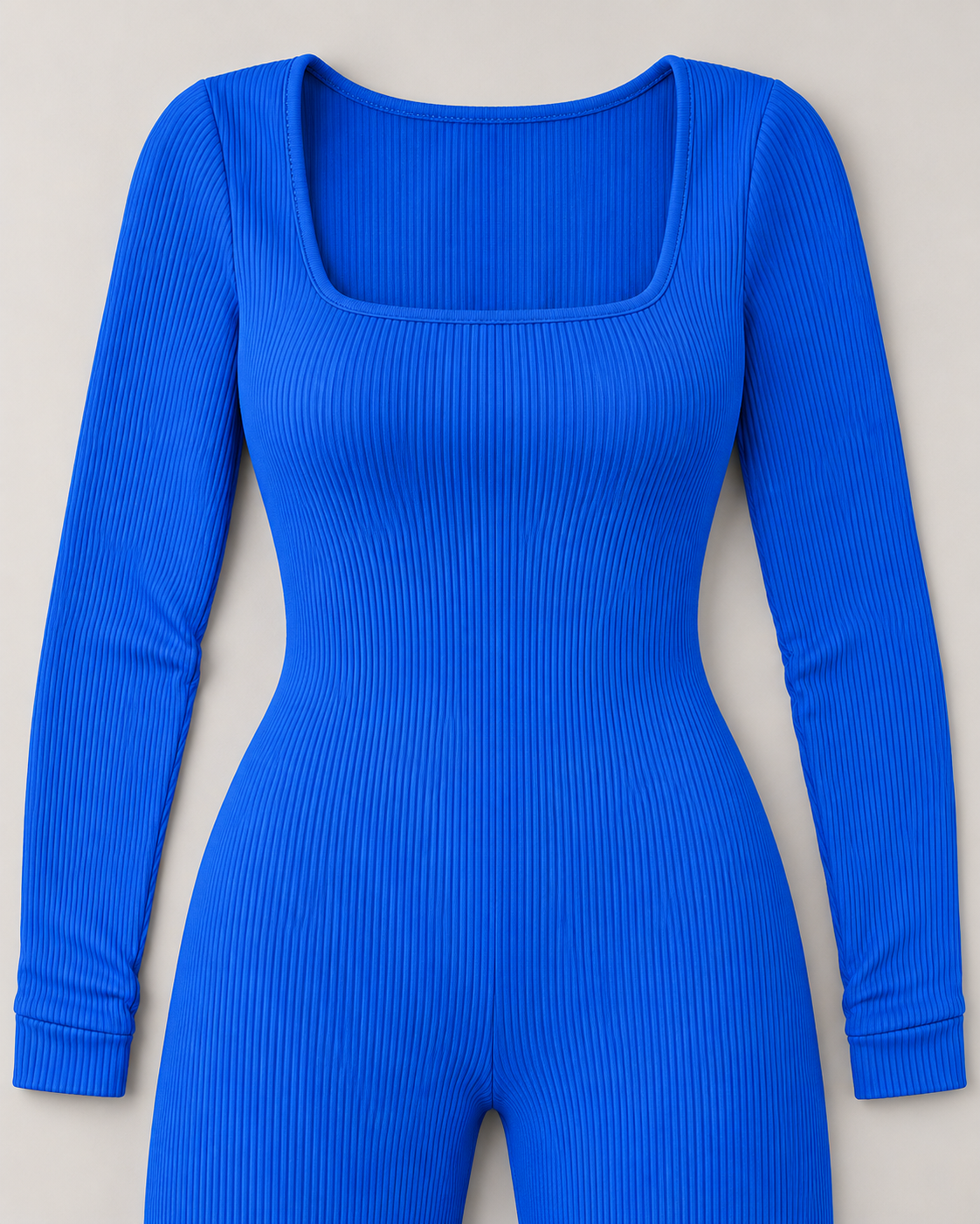 Women's Long Sleeve Jumpsuit in Blue — rib-knit and neckline detail