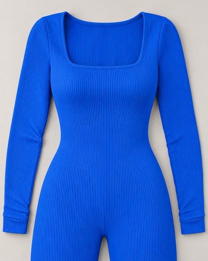 Women's Long Sleeve Jumpsuit in Blue — rib-knit and neckline detail