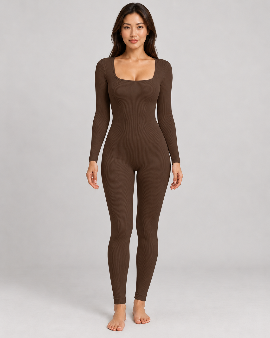 Women's Long Sleeve Jumpsuit in Brown — front full-length view