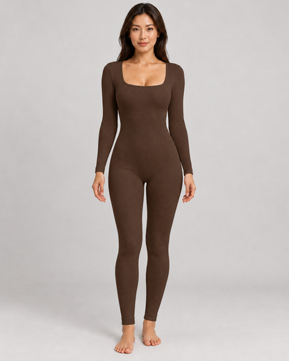 Women's Long Sleeve Jumpsuit in Brown — front full-length view