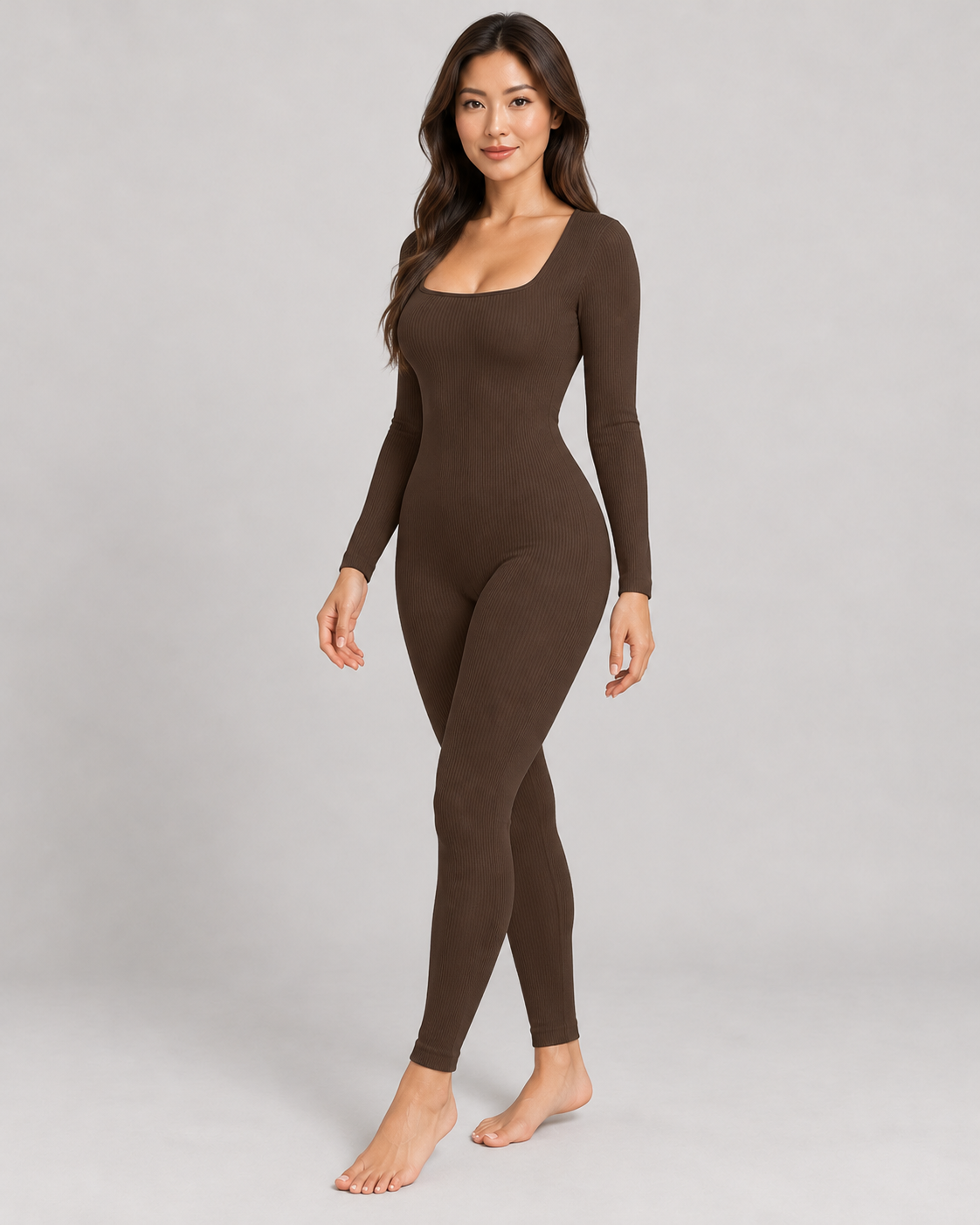 Women's Long Sleeve Jumpsuit in Brown — full-length three-quarter view