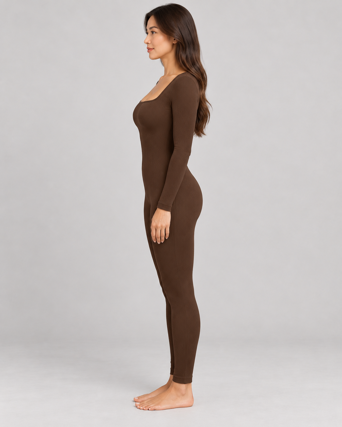 Women's Long Sleeve Jumpsuit in Brown — full-length side view