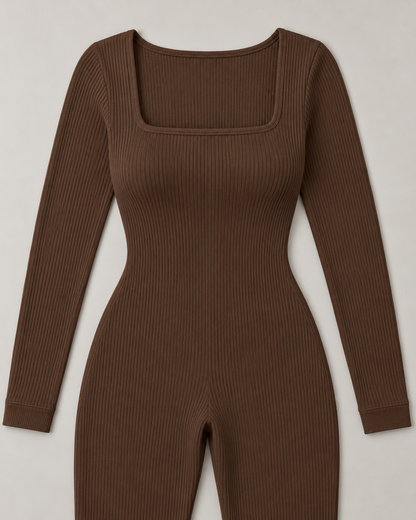 Women's Long Sleeve Jumpsuit in Brown — rib-knit and neckline detail