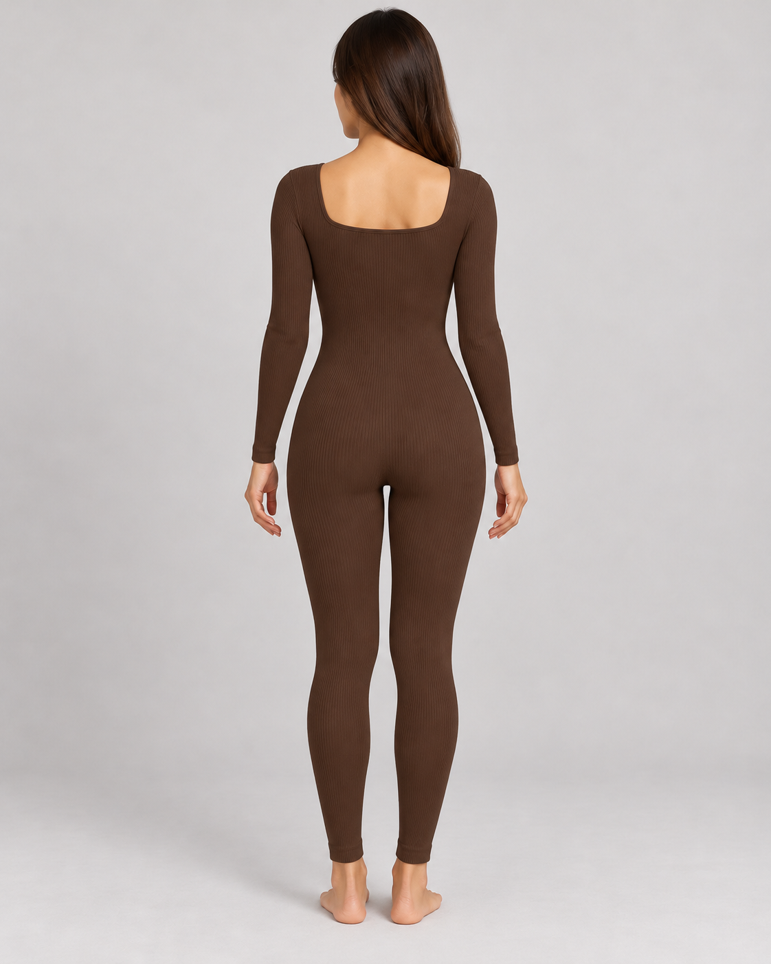 Women's Long Sleeve Jumpsuit in Brown — full-length rear view