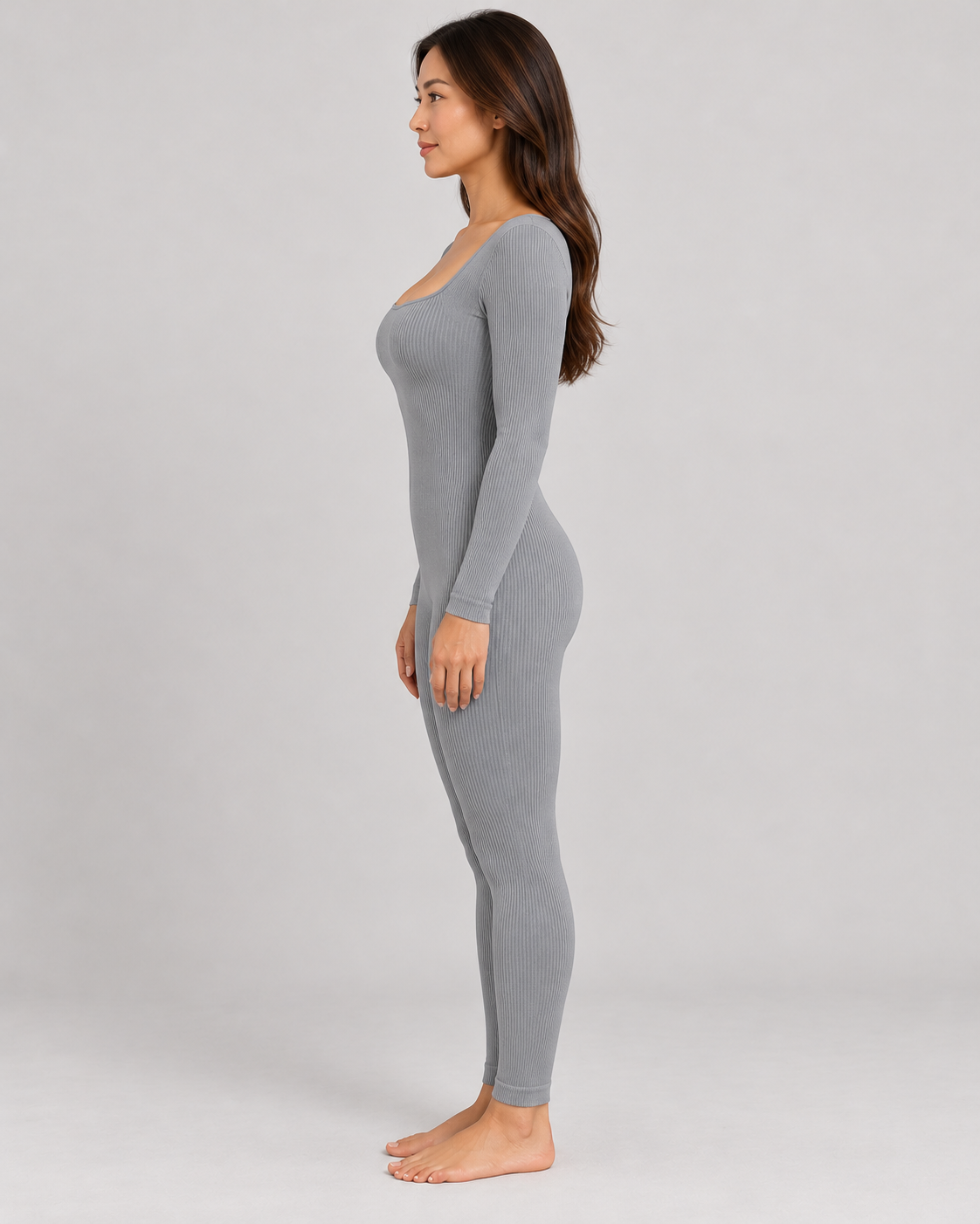 Women's Long Sleeve Jumpsuit in Gray — full-length side view