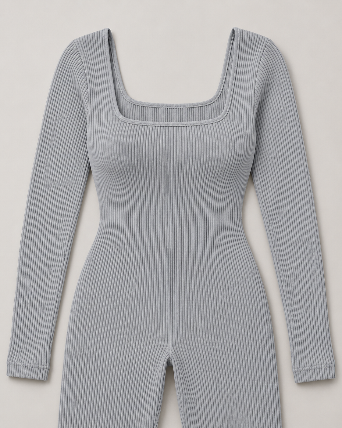 Women's Long Sleeve Jumpsuit in Gray — rib-knit and neckline detail