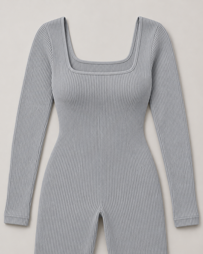 Women's Long Sleeve Jumpsuit in Gray — rib-knit and neckline detail