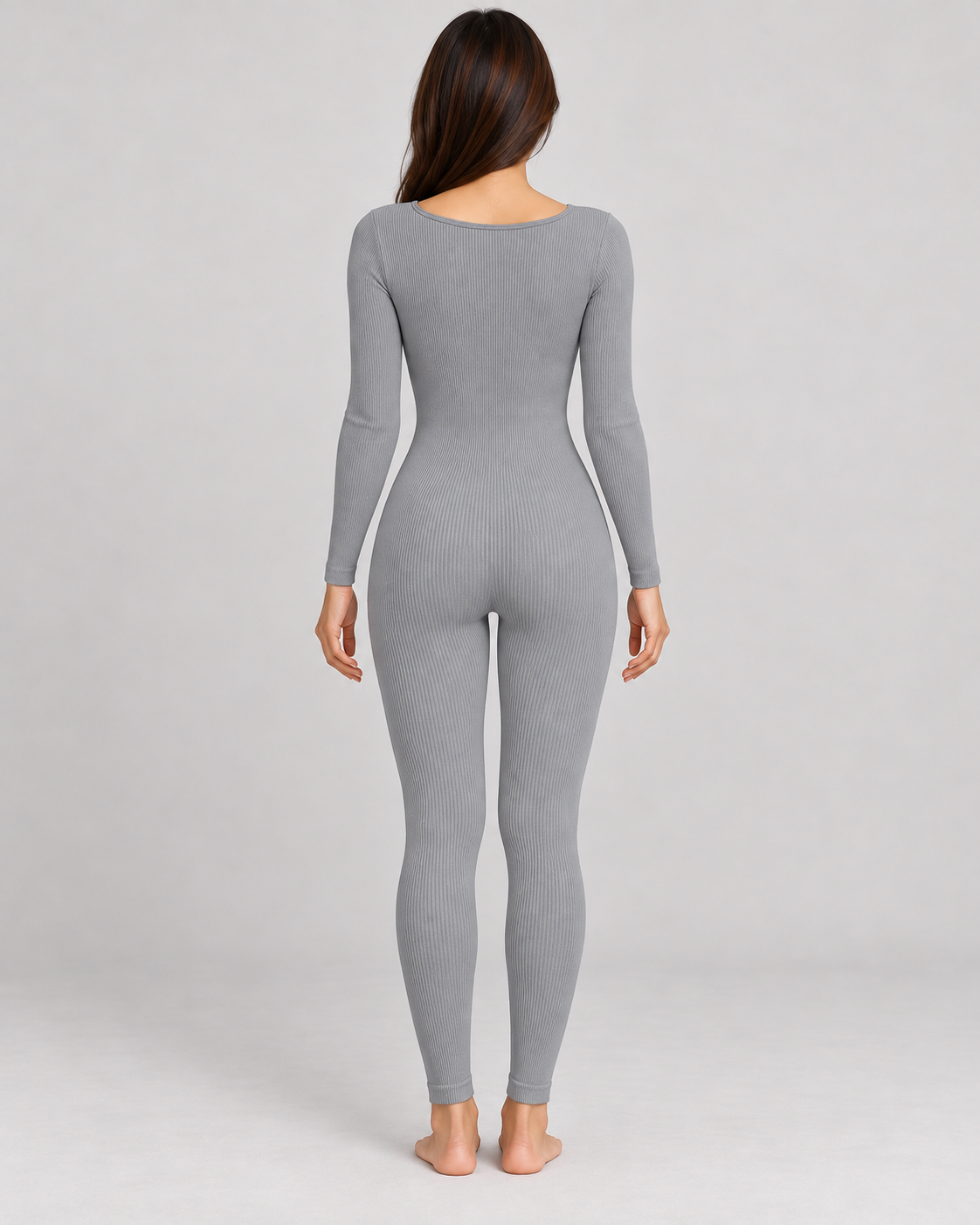 Women's Long Sleeve Jumpsuit in Gray — full-length rear view