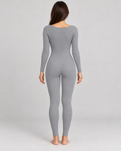 Women's Long Sleeve Jumpsuit in Gray — full-length rear view