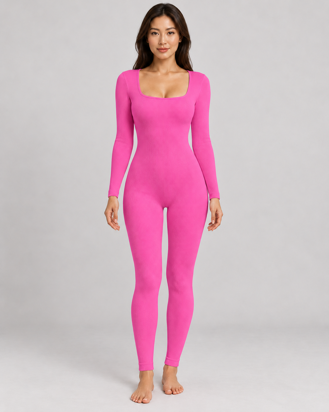 Women's Long Sleeve Jumpsuit in Pink — front full-length view
