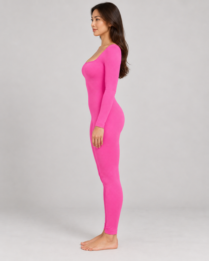 Women's Long Sleeve Jumpsuit in Pink — full-length side view