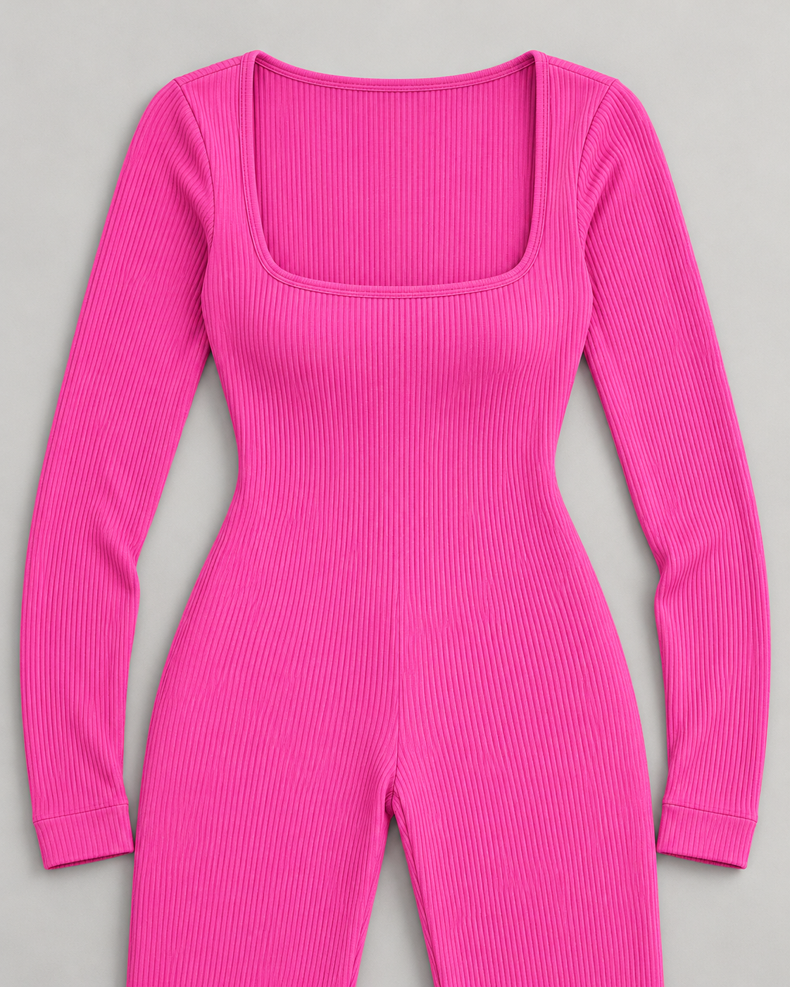 Women's Long Sleeve Jumpsuit in Pink — rib-knit and neckline detail