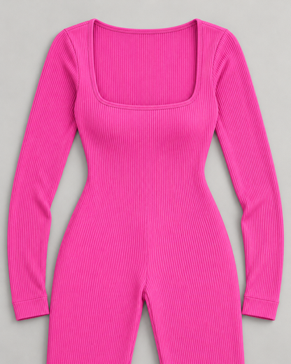 Women's Long Sleeve Jumpsuit in Pink — rib-knit and neckline detail