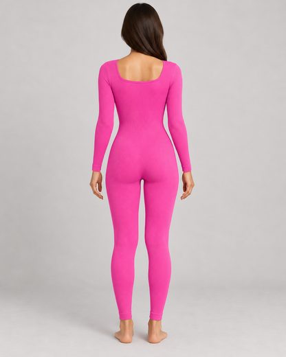 Women's Long Sleeve Jumpsuit in Pink — full-length rear view