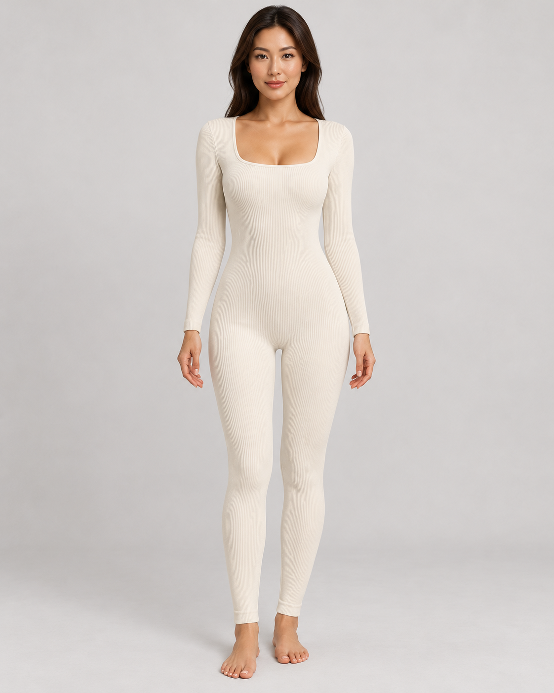 Women's Long Sleeve Jumpsuit in White — front full-length view