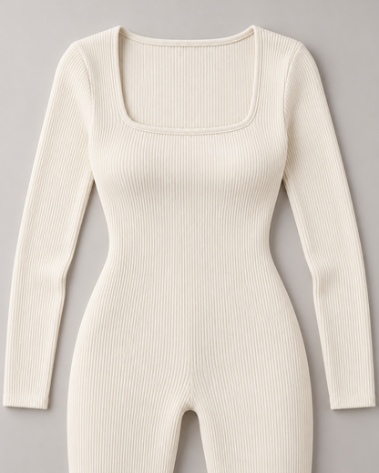 Women's Long Sleeve Jumpsuit in White — rib-knit and neckline detail