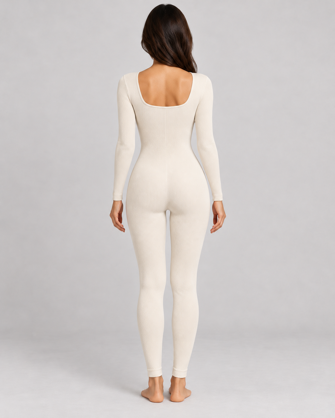 Women's Long Sleeve Jumpsuit in White — full-length rear view