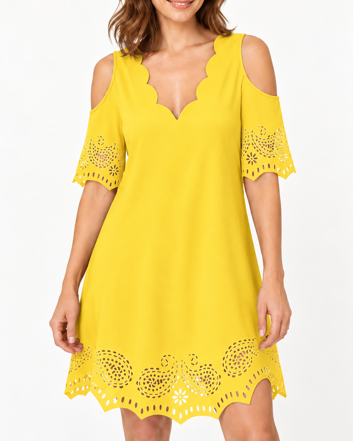 Women's Cold-Shoulder Scallop-Trim Dress — Yellow — details view