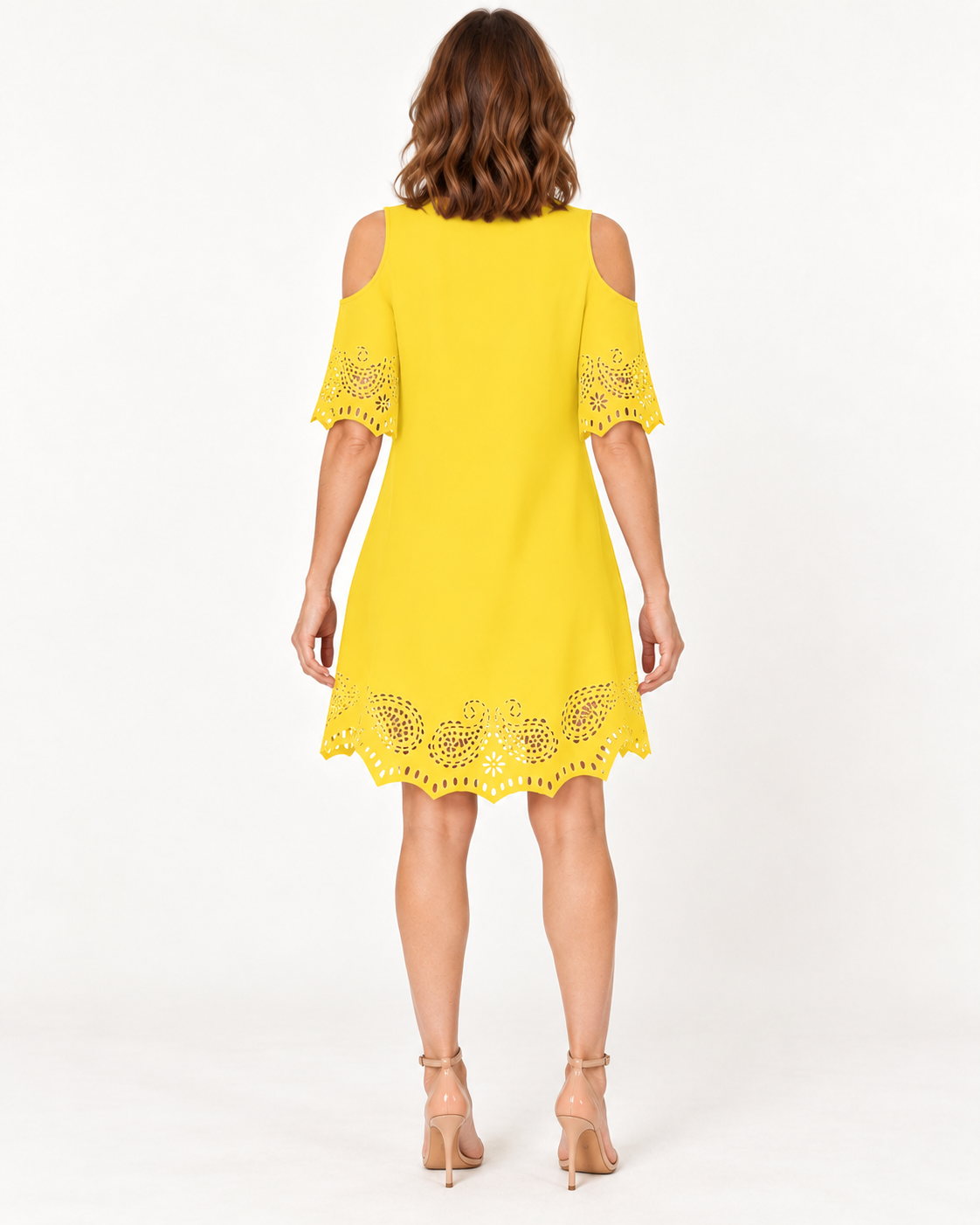 Women's Cold-Shoulder Scallop-Trim Dress — Yellow — back view