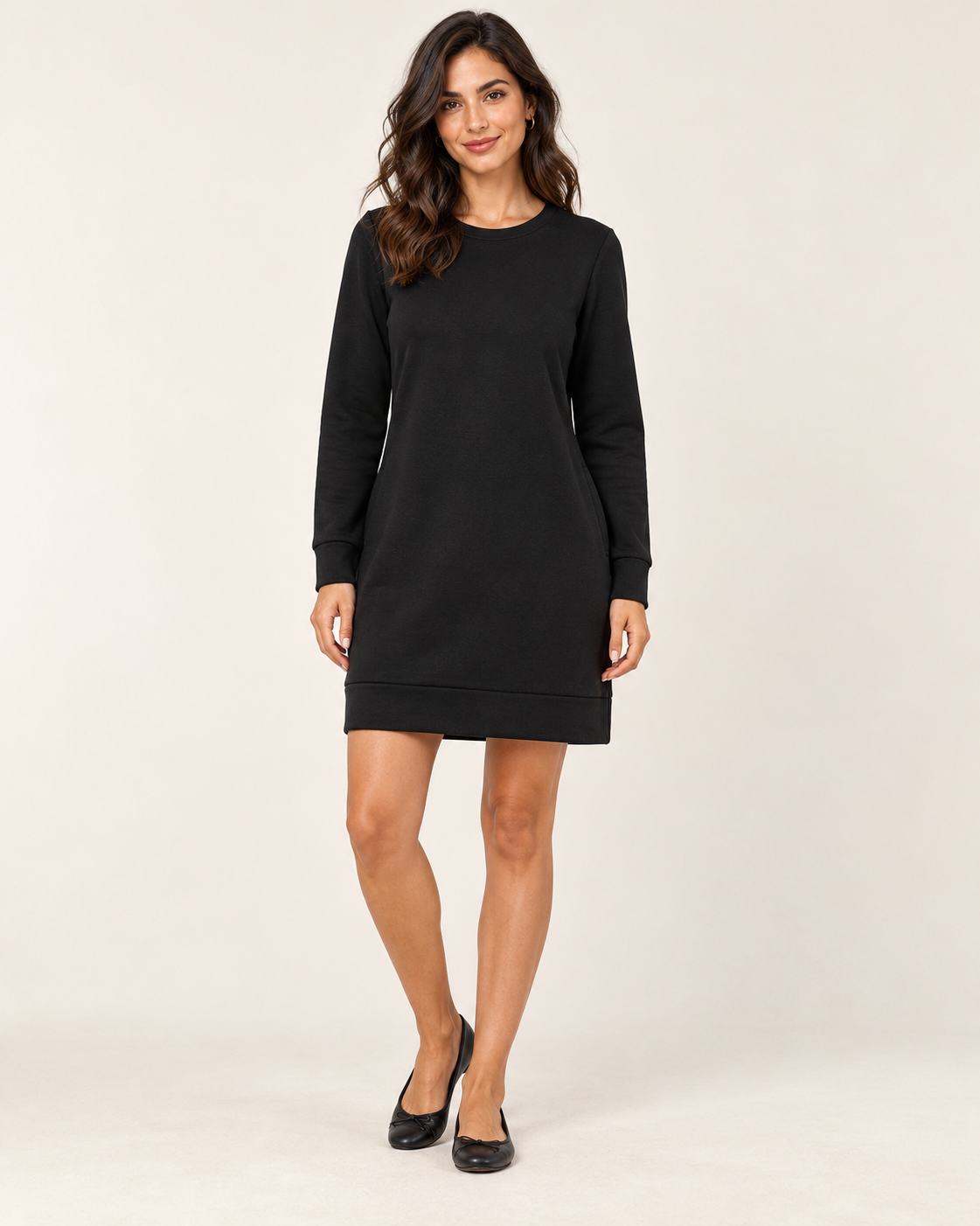 Women's Round-Neck Long Sleeve Pocket Dress - Black - 01_front view