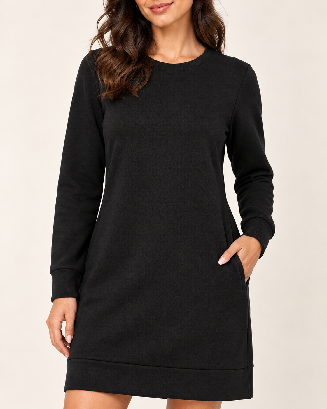 Women's Round-Neck Long Sleeve Pocket Dress - Black - 04_detail view