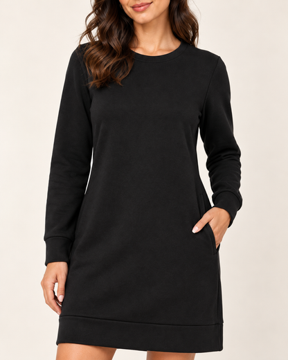 Women's Round-Neck Long Sleeve Pocket Dress - Black - 04_detail view