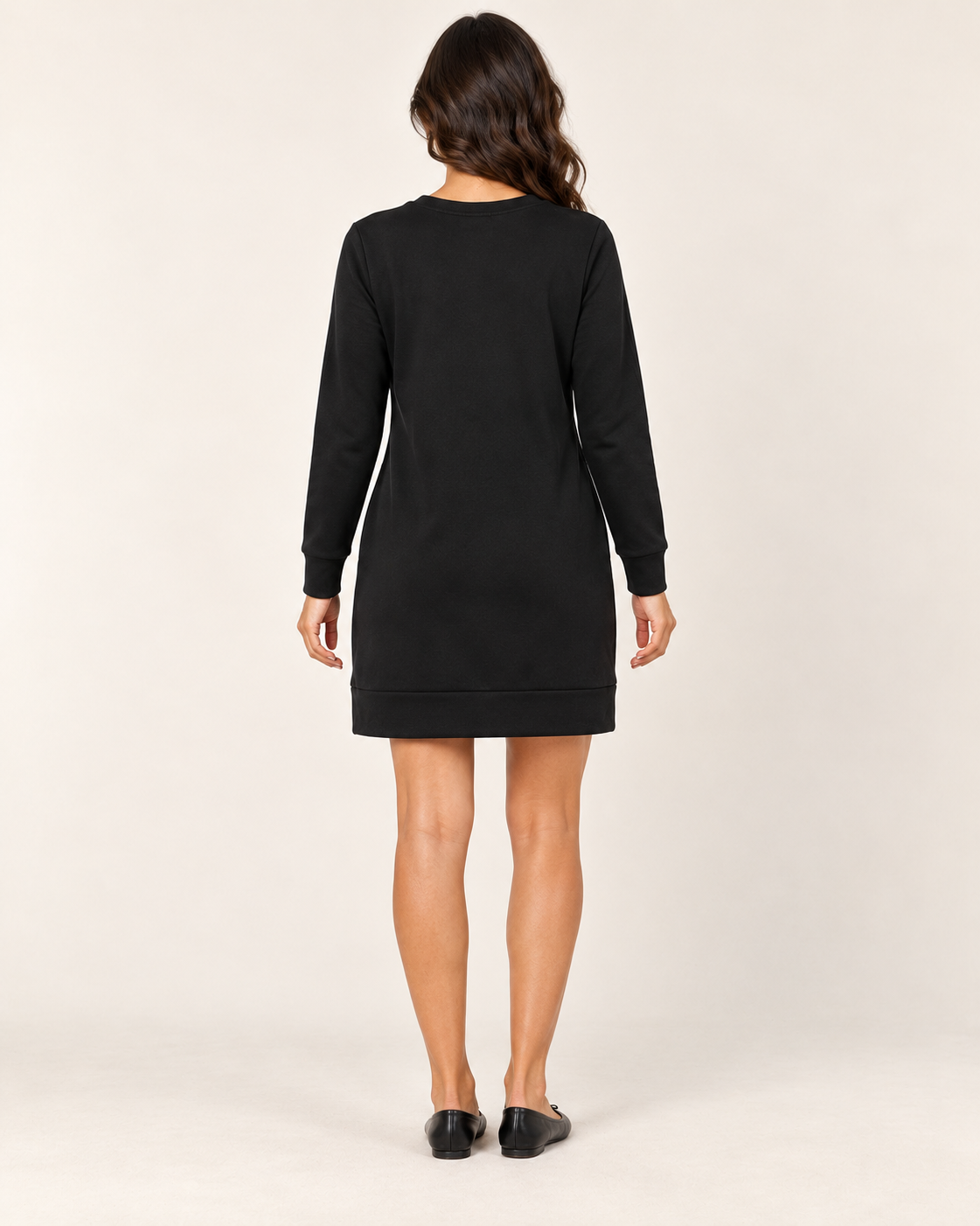 Women's Round-Neck Long Sleeve Pocket Dress - Black - 05_back view