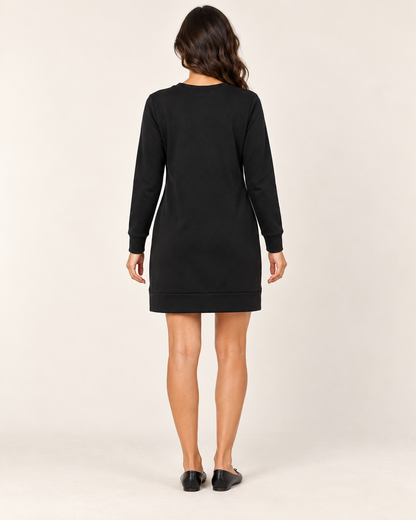 Women's Round-Neck Long Sleeve Pocket Dress - Black - 05_back view