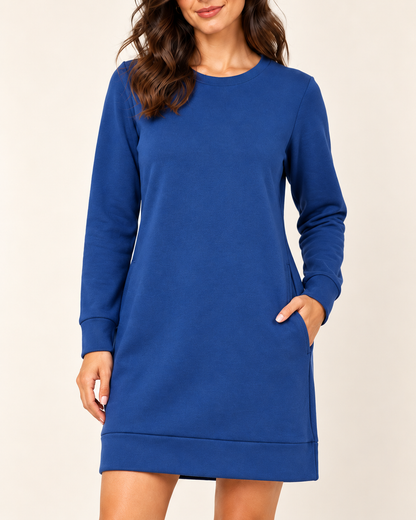 Women's Round-Neck Long Sleeve Pocket Dress - Blue - 04_detail view