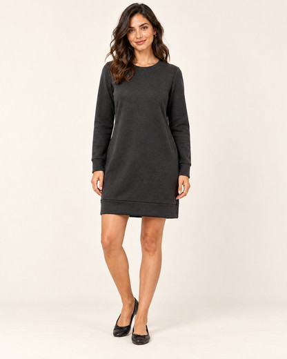 Women's Round-Neck Long Sleeve Pocket Dress - Dark Gray - 01_front view